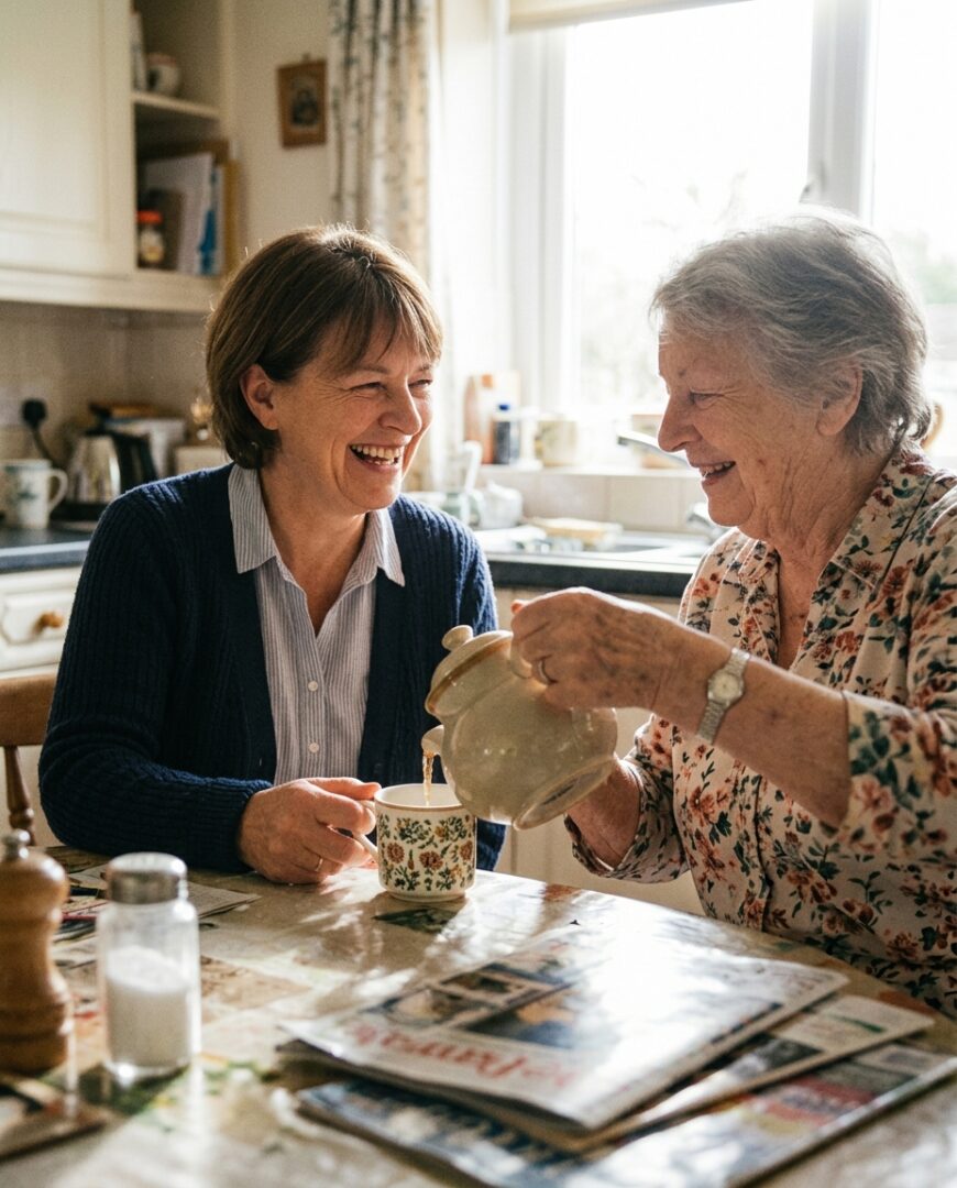 A caregiver and an older woman laughing together over a pot of tea at a kitchen table.